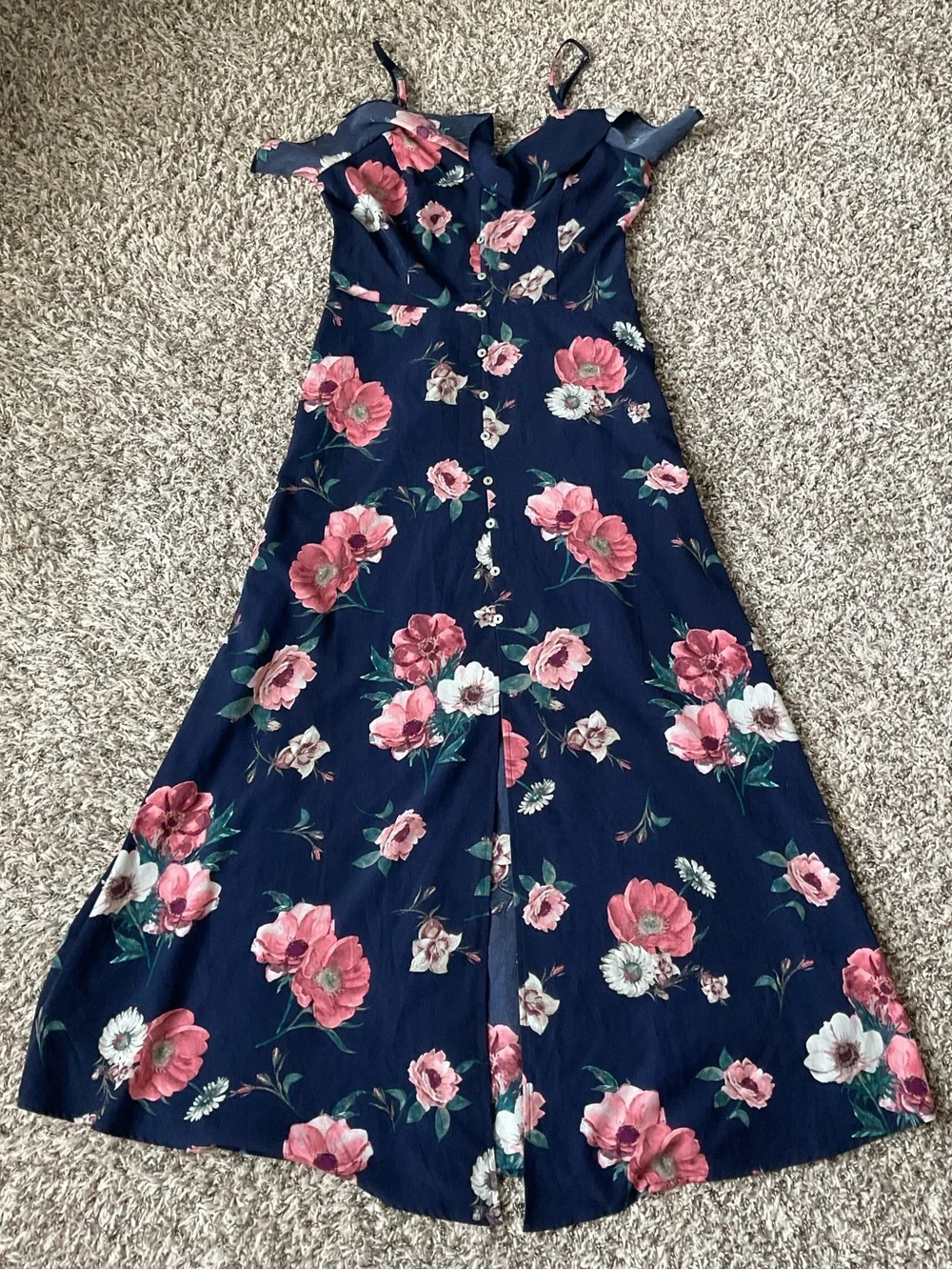 Altar'd State Floral Maxi Dress S Navy Ruffle Boho Button Top Sorority Rush Fest